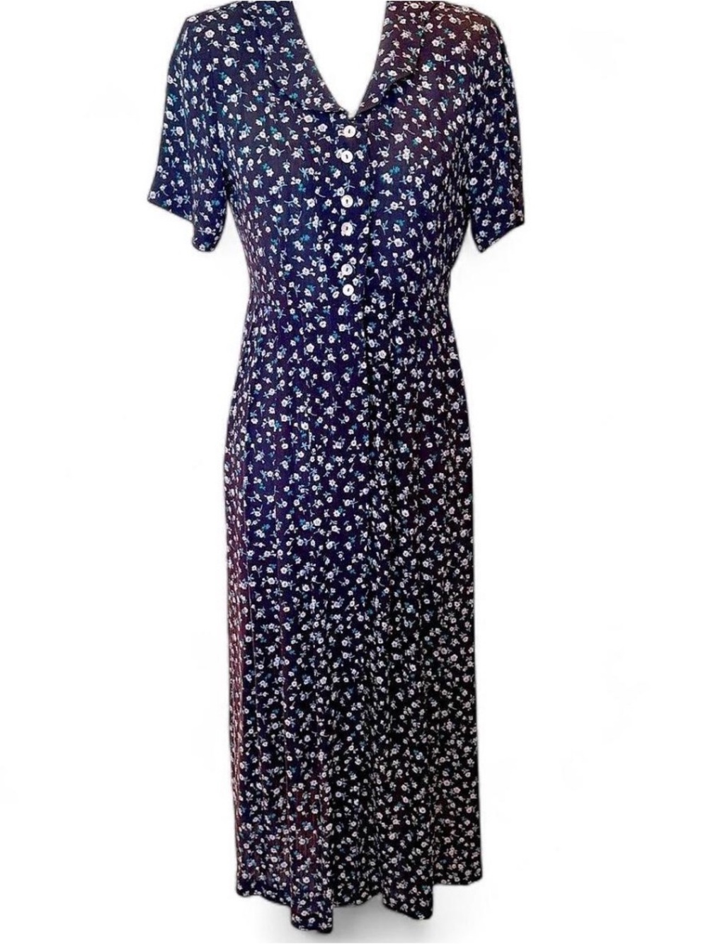 VTG 90s Molly Malloy Navy White Ditsy Floral Button-Front Maxi Dress Size 4